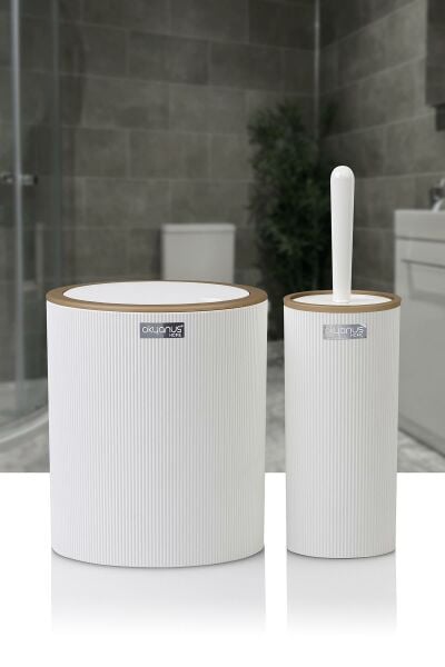 Okyanus Home Mina Due Beyaz Çizgili Yuvarlak 2'li Wc Kova ve Fırça Seti