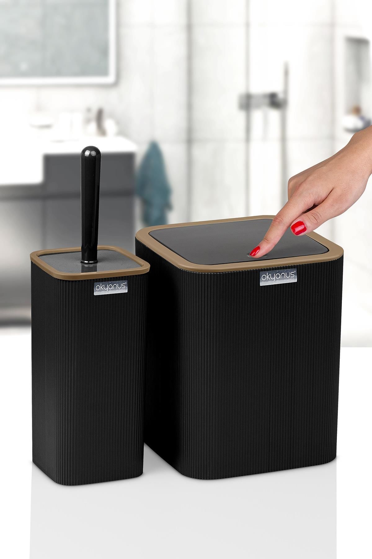 Okyanus Home Mina Due Siyah Çizgili Kare 2'li Wc Kova ve Fırça Seti