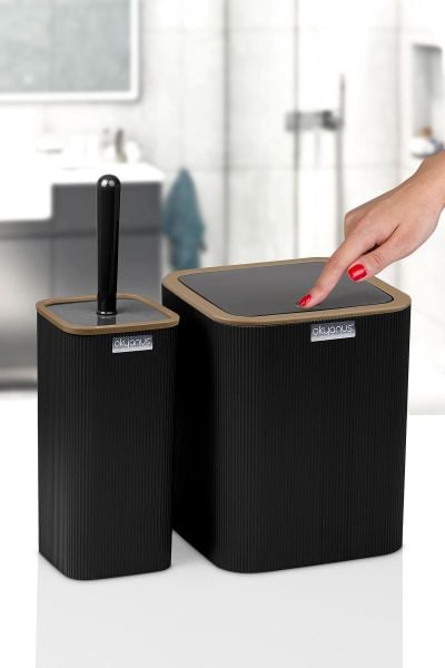 Okyanus Home Mina Due Siyah Çizgili Kare 2'li Wc Kova ve Fırça Seti