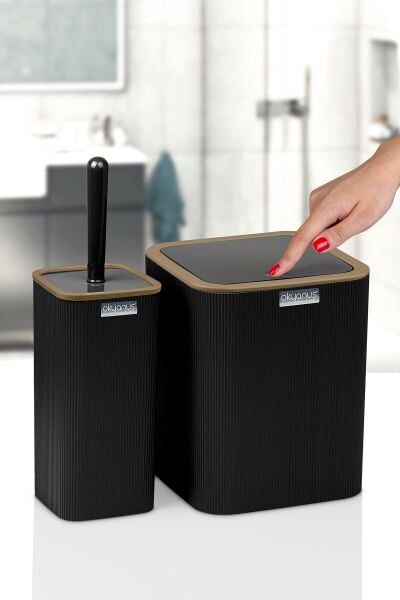 Okyanus Home Mina Due Siyah Çizgili Kare 2'li Wc Kova ve Fırça Seti