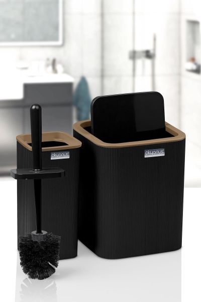 Okyanus Home Mina Due Siyah Çizgili Kare 2'li Wc Kova ve Fırça Seti