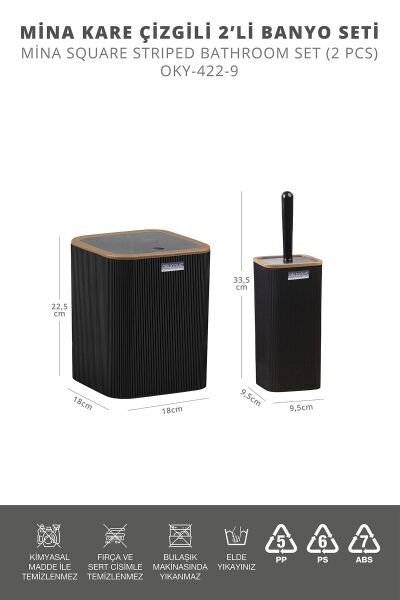 Okyanus Home Mina Due Siyah Çizgili Kare 2'li Wc Kova ve Fırça Seti