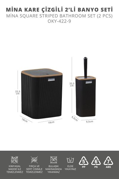 Okyanus Home Mina Due Siyah Çizgili Kare 2'li Wc Kova ve Fırça Seti
