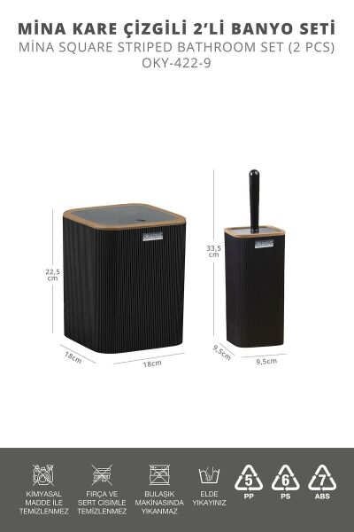 Okyanus Home Mina Due Siyah Çizgili Kare 2'li Wc Kova ve Fırça Seti