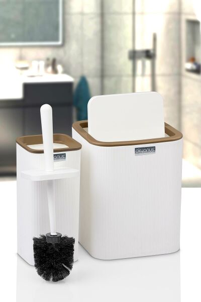 Okyanus Home Mina Due Beyaz Çizgili Kare 2'li Wc Kova ve Fırça Seti
