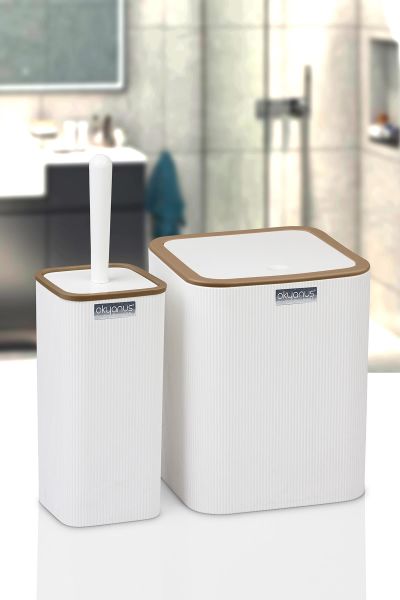 Okyanus Home Mina Due Beyaz Çizgili Kare 2'li Wc Kova ve Fırça Seti