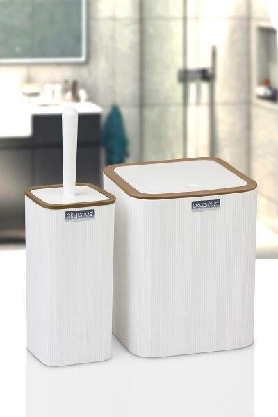 Okyanus Home Mina Due Beyaz Çizgili Kare 2'li Wc Kova ve Fırça Seti