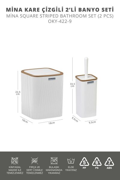 Okyanus Home Mina Due Beyaz Çizgili Kare 2'li Wc Kova ve Fırça Seti