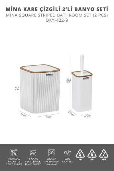 Okyanus Home Mina Due Beyaz Çizgili Kare 2'li Wc Kova ve Fırça Seti