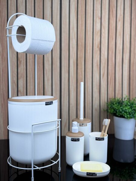 Okyanus Home Kırık Beyaz Yuvarlak Linea Due Standlı Wc Kağıtlık ve 6 Parça Banyo Seti