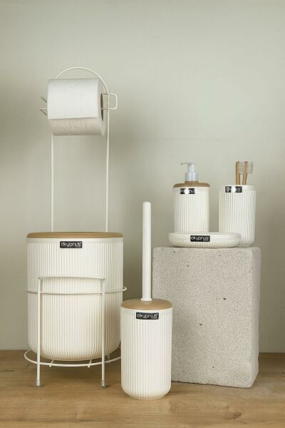 Okyanus Home Kırık Beyaz Yuvarlak Linea Due Standlı Wc Kağıtlık ve 6 Parça Banyo Seti