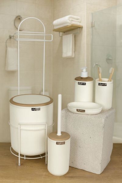 Okyanus Home Kırık Beyaz Yuvarlak Linea Due Standlı Wc Kağıtlık ve 6 Parça Banyo Seti