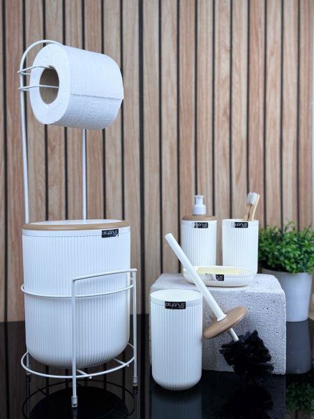 Okyanus Home Kırık Beyaz Yuvarlak Linea Due Standlı Wc Kağıtlık ve 6 Parça Banyo Seti