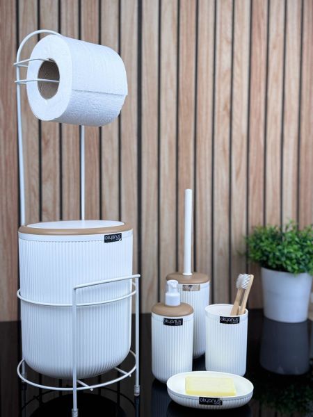 Okyanus Home Kırık Beyaz Yuvarlak Linea Due Standlı Wc Kağıtlık ve 6 Parça Banyo Seti
