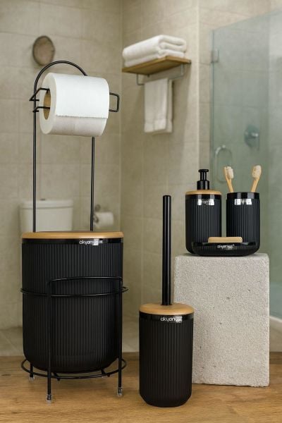 Okyanus Home Siyah Yuvarlak Linea Due Standlı Wc Kağıtlık ve 6 Parça Banyo Seti