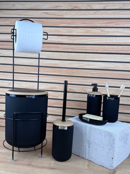 Okyanus Home Siyah Yuvarlak Linea Due Standlı Wc Kağıtlık ve 6 Parça Banyo Seti