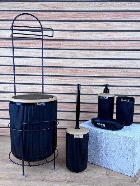 Okyanus Home Siyah Yuvarlak Linea Due Standlı Wc Kağıtlık ve 6 Parça Banyo Seti