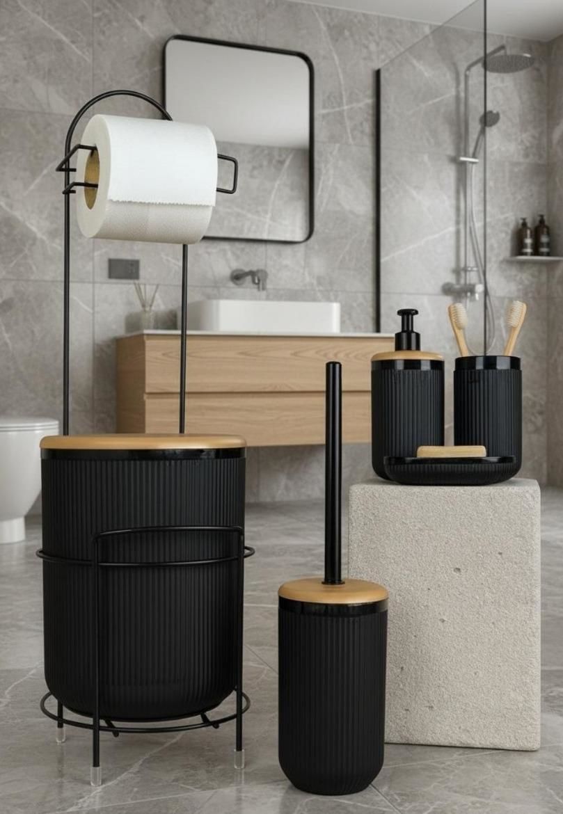 Okyanus Home Siyah Yuvarlak Linea Due Standlı Wc Kağıtlık ve 6 Parça Banyo Seti