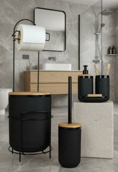 Okyanus Home Siyah Yuvarlak Linea Due Standlı Wc Kağıtlık ve 6 Parça Banyo Seti