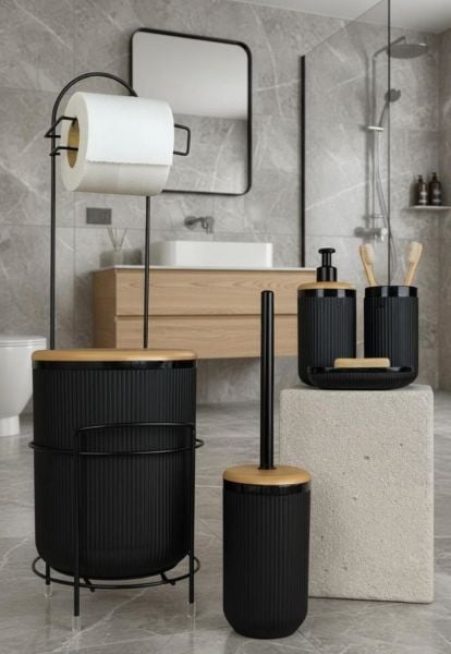 Okyanus Home Siyah Yuvarlak Linea Due Standlı Wc Kağıtlık ve 6 Parça Banyo Seti