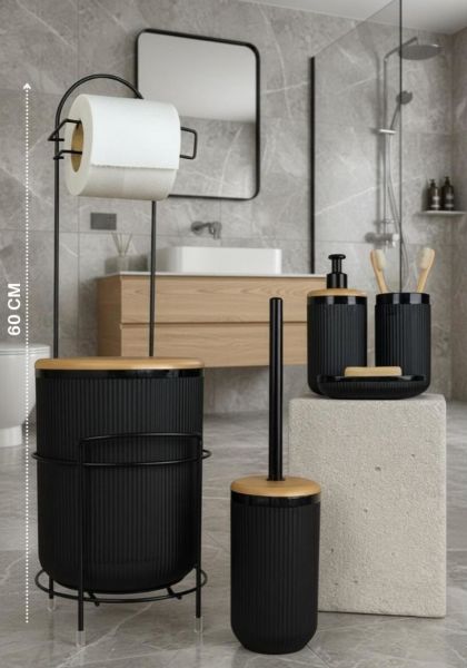 Okyanus Home Siyah Yuvarlak Linea Due Standlı Wc Kağıtlık ve 6 Parça Banyo Seti