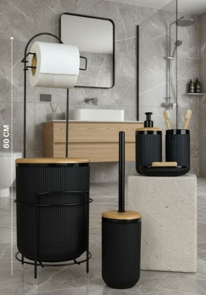 Okyanus Home Siyah Yuvarlak Linea Due Standlı Wc Kağıtlık ve 6 Parça Banyo Seti