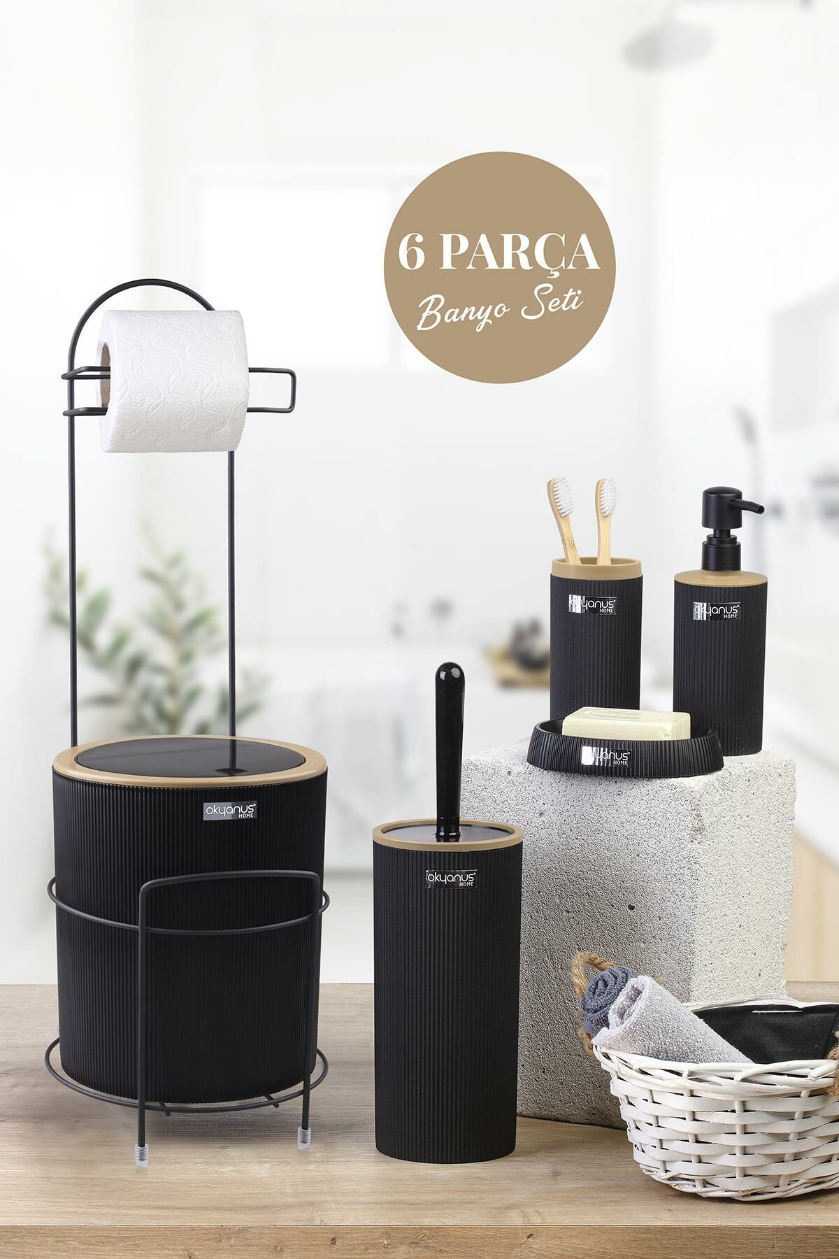 Okyanus Home Siyah Yuvarlak Mina Due Standlı Wc Kağıtlık ve 6 Parça Banyo Seti