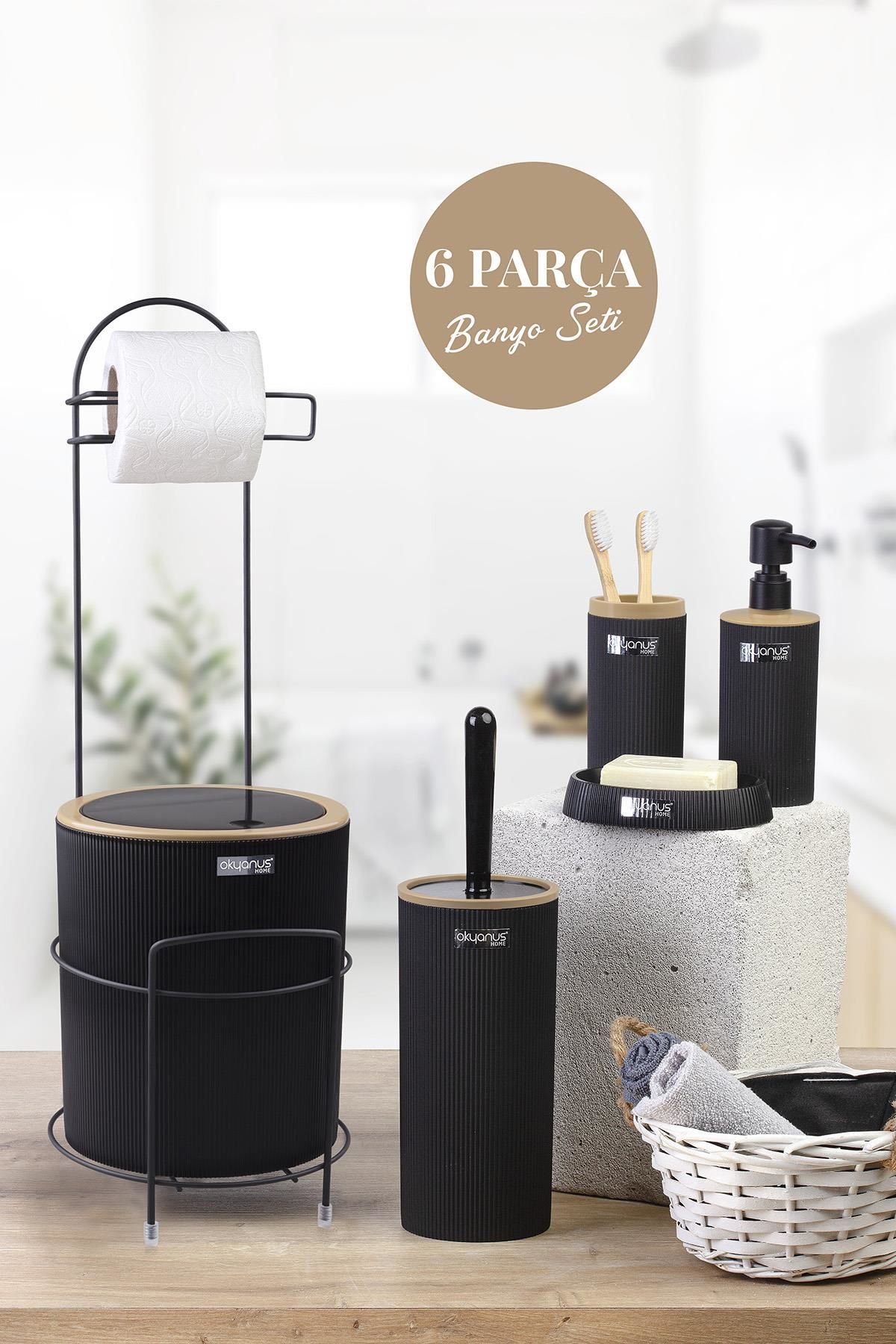 Okyanus Home Siyah Yuvarlak Mina Due Standlı Wc Kağıtlık ve 6 Parça Banyo Seti