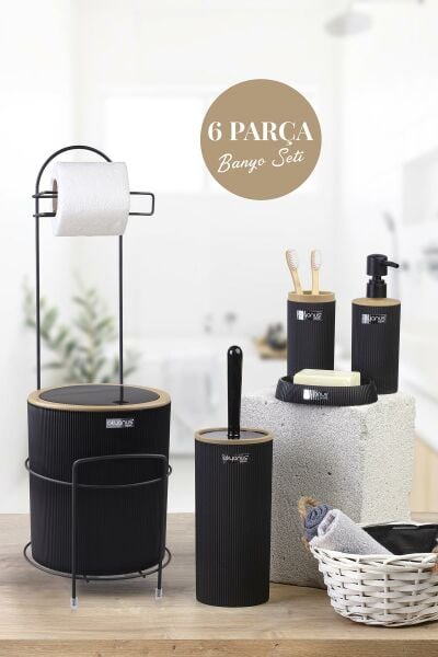 Okyanus Home Siyah Yuvarlak Mina Due Standlı Wc Kağıtlık ve 6 Parça Banyo Seti