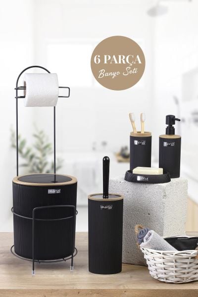 Okyanus Home Siyah Yuvarlak Mina Due Standlı Wc Kağıtlık ve 6 Parça Banyo Seti