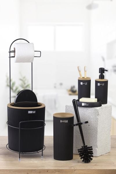 Okyanus Home Siyah Yuvarlak Mina Due Standlı Wc Kağıtlık ve 6 Parça Banyo Seti
