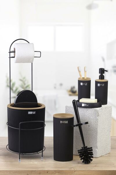 Okyanus Home Siyah Yuvarlak Mina Due Standlı Wc Kağıtlık ve 6 Parça Banyo Seti