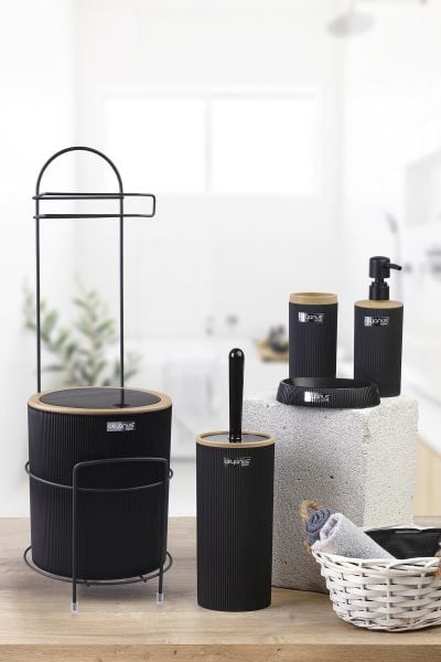 Okyanus Home Siyah Yuvarlak Mina Due Standlı Wc Kağıtlık ve 6 Parça Banyo Seti