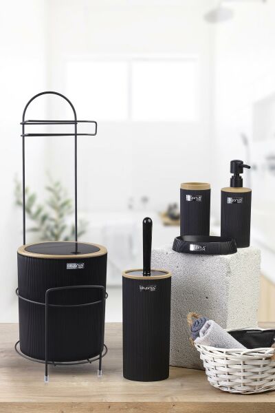 Okyanus Home Siyah Yuvarlak Mina Due Standlı Wc Kağıtlık ve 6 Parça Banyo Seti