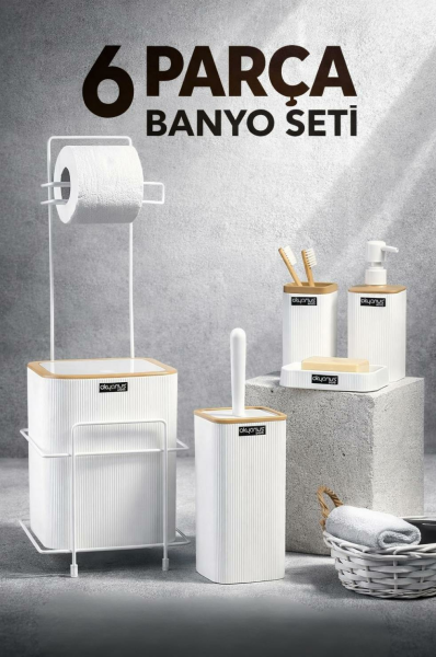 Okyanus Home Beyaz Kare Mina Due Standlı Wc Kağıtlık ve 6 Parça Banyo Seti