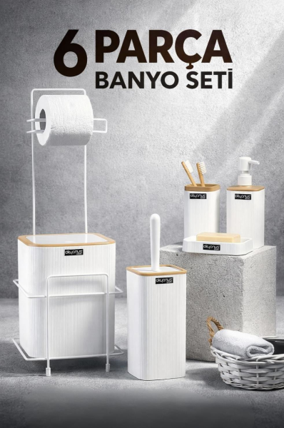 Okyanus Home Beyaz Kare Mina Due Standlı Wc Kağıtlık ve 6 Parça Banyo Seti