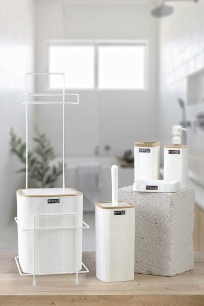 Okyanus Home Beyaz Kare Mina Due Standlı Wc Kağıtlık ve 6 Parça Banyo Seti