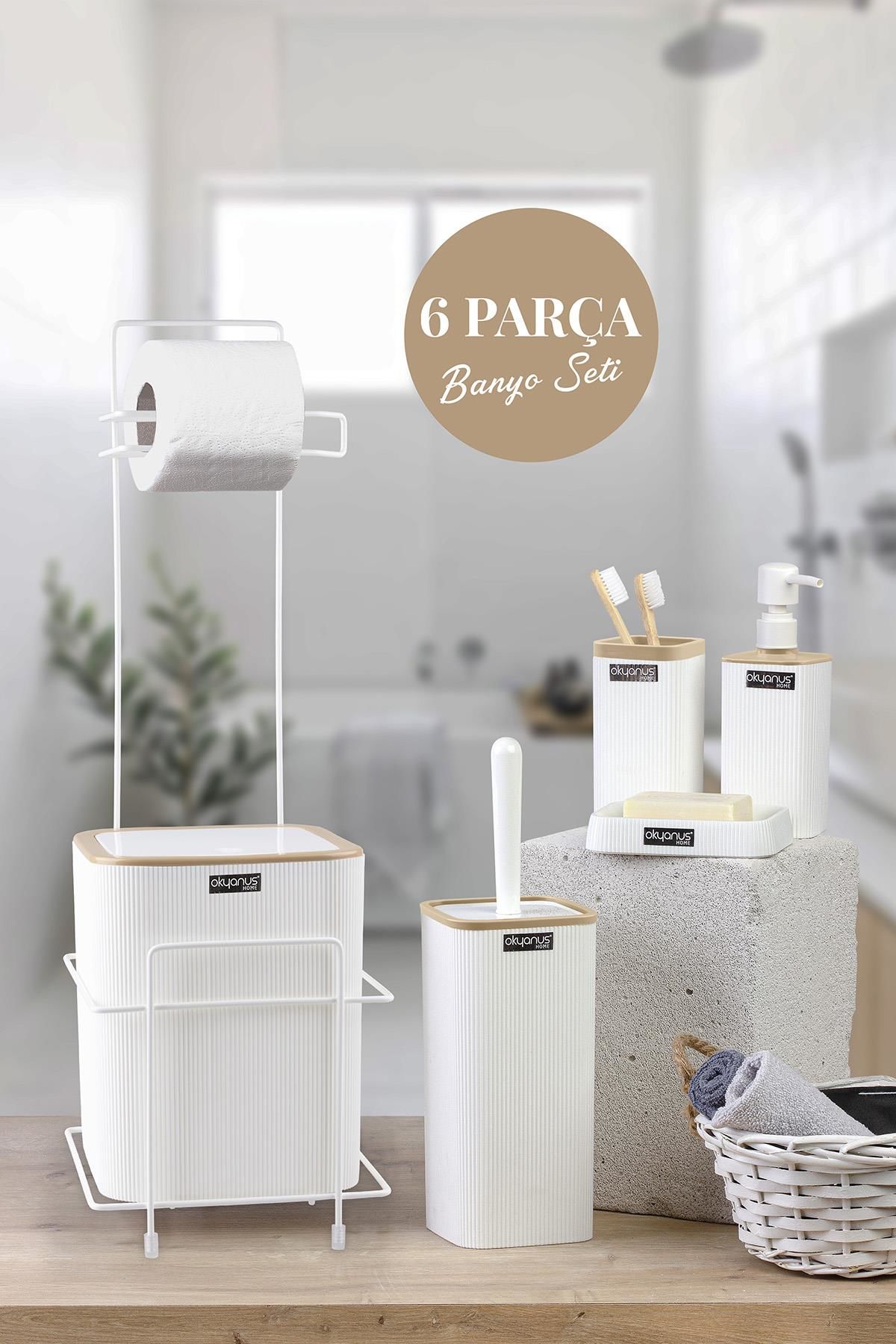 Okyanus Home Beyaz Kare Mina Due Standlı Wc Kağıtlık ve 6 Parça Banyo Seti