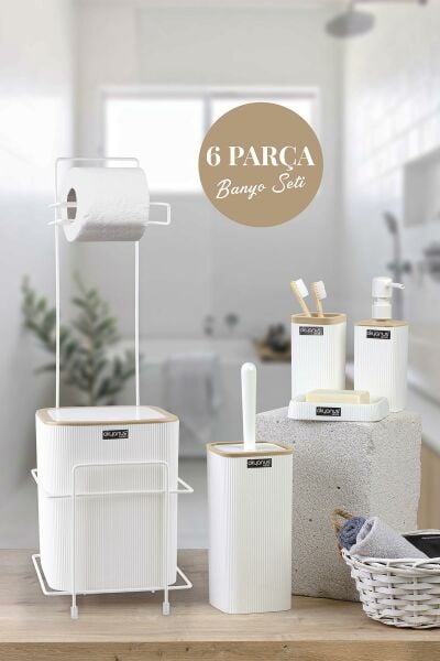 Okyanus Home Beyaz Kare Mina Due Standlı Wc Kağıtlık ve 6 Parça Banyo Seti