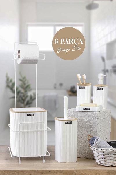Okyanus Home Beyaz Kare Mina Due Standlı Wc Kağıtlık ve 6 Parça Banyo Seti