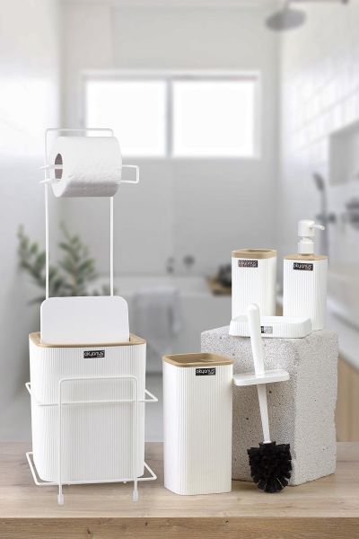 Okyanus Home Beyaz Kare Mina Due Standlı Wc Kağıtlık ve 6 Parça Banyo Seti
