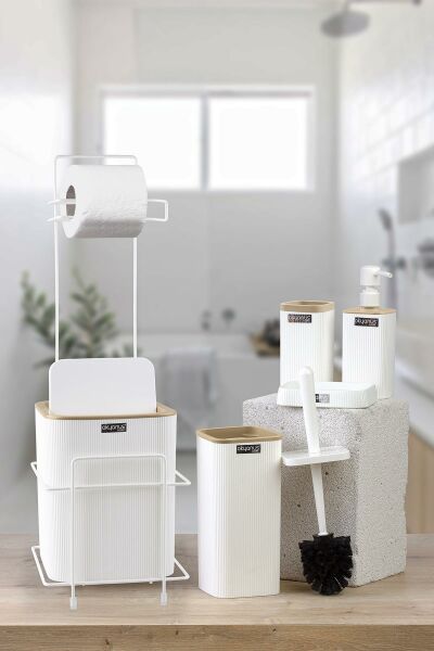 Okyanus Home Beyaz Kare Mina Due Standlı Wc Kağıtlık ve 6 Parça Banyo Seti