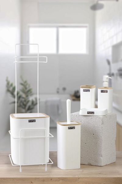 Okyanus Home Beyaz Kare Mina Due Standlı Wc Kağıtlık ve 6 Parça Banyo Seti