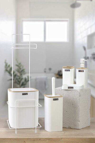 Okyanus Home Beyaz Kare Mina Due Standlı Wc Kağıtlık ve 6 Parça Banyo Seti