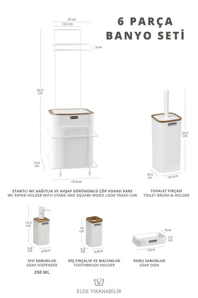 Okyanus Home Beyaz Kare Mina Due Standlı Wc Kağıtlık ve 6 Parça Banyo Seti