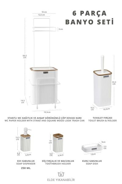 Okyanus Home Beyaz Kare Mina Due Standlı Wc Kağıtlık ve 6 Parça Banyo Seti