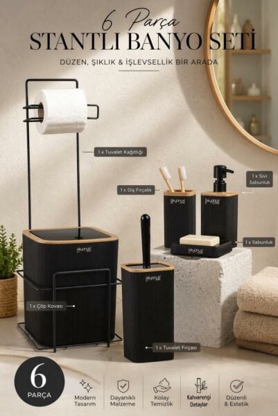 Okyanus Home Siyah Kare Mina Due Standlı Wc Kağıtlık ve 6 Parça Banyo Seti