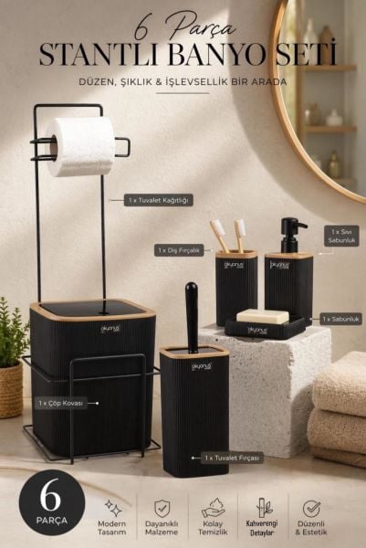 Okyanus Home Siyah Kare Mina Due Standlı Wc Kağıtlık ve 6 Parça Banyo Seti