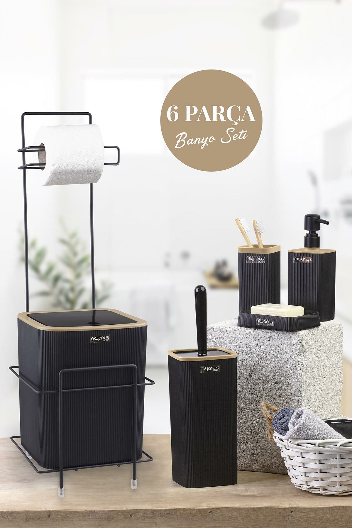 Okyanus Home Siyah Kare Mina Due Standlı Wc Kağıtlık ve 6 Parça Banyo Seti