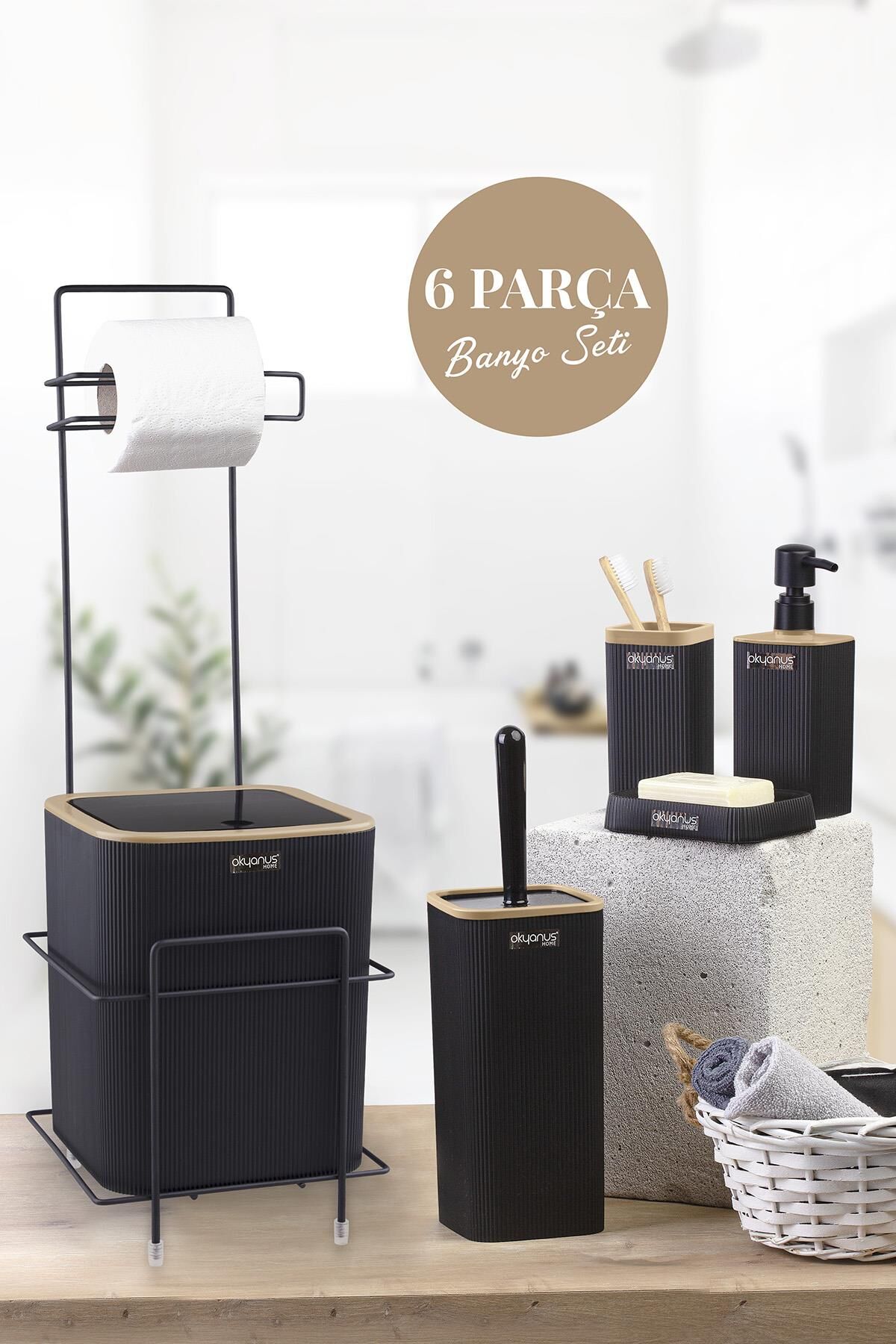Okyanus Home Siyah Kare Mina Due Standlı Wc Kağıtlık ve 6 Parça Banyo Seti